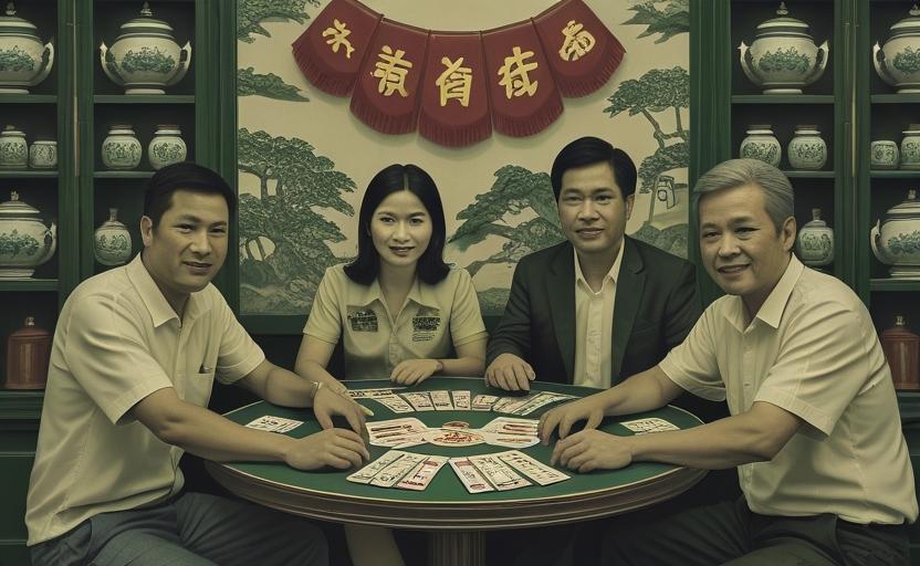 Bốn người đang ngồi chơi chắn quanh bàn tròn, không khí vui vẻ thân thiện